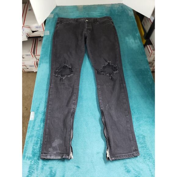 mnml Jeans Size 36x32 Mens Black Pants Distressed Ankle Zip Button Fly Straight - Picture 2 of 13